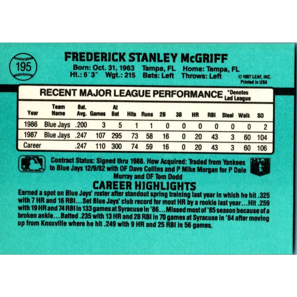 1988 Donruss #195 Fred McGriff EX Toronto Blue Jays Baseball Card Image 2