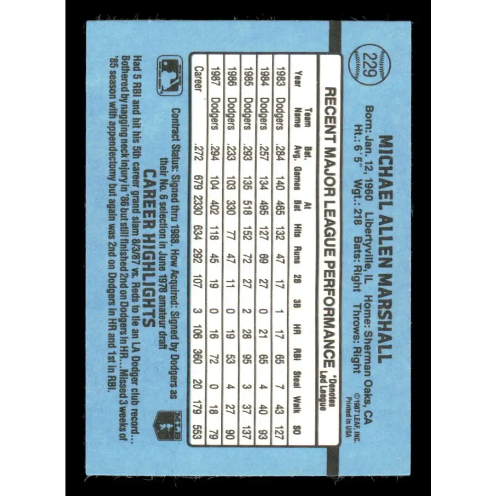 1988 Donruss #229 Mike Marshall EX Los Angeles Dodgers Baseball Card Image 2