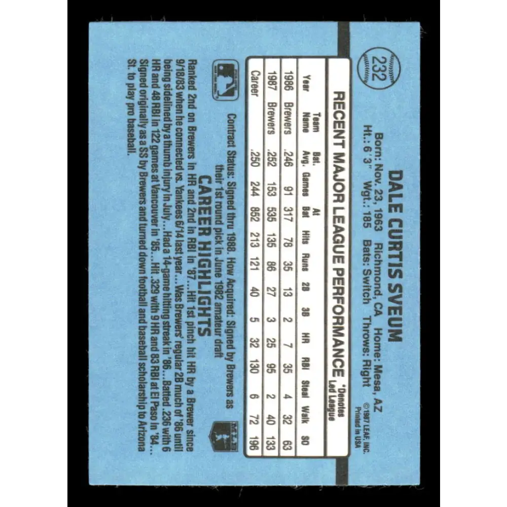 1988 Donruss #232 Dale Sveum EX Milwaukee Brewers Baseball Card Image 2