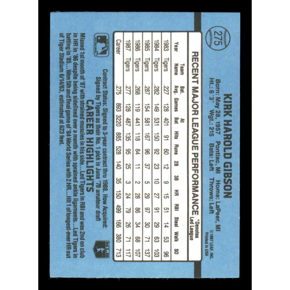 1988 Donruss #275 Kirk Gibson EX Detroit Tigers Baseball Card Image 2