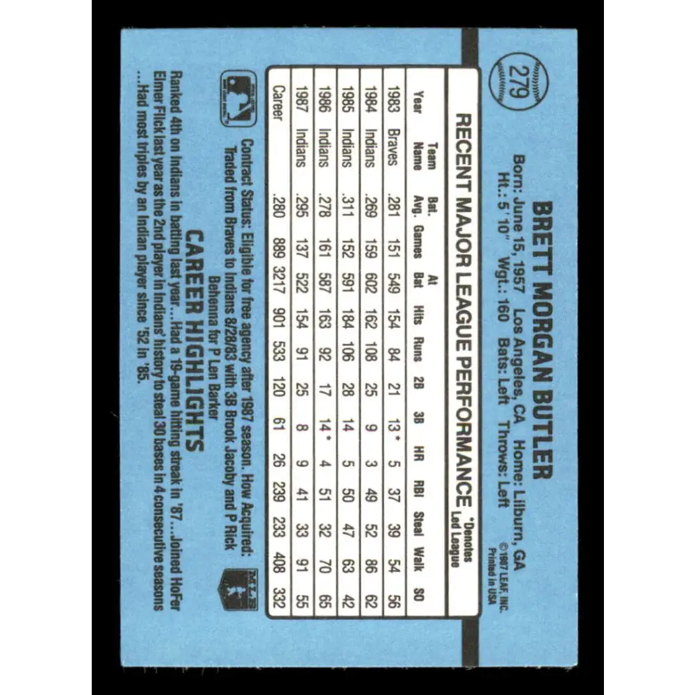 1988 Donruss #279 Brett Butler EX Cleveland Indians Baseball Card Image 2