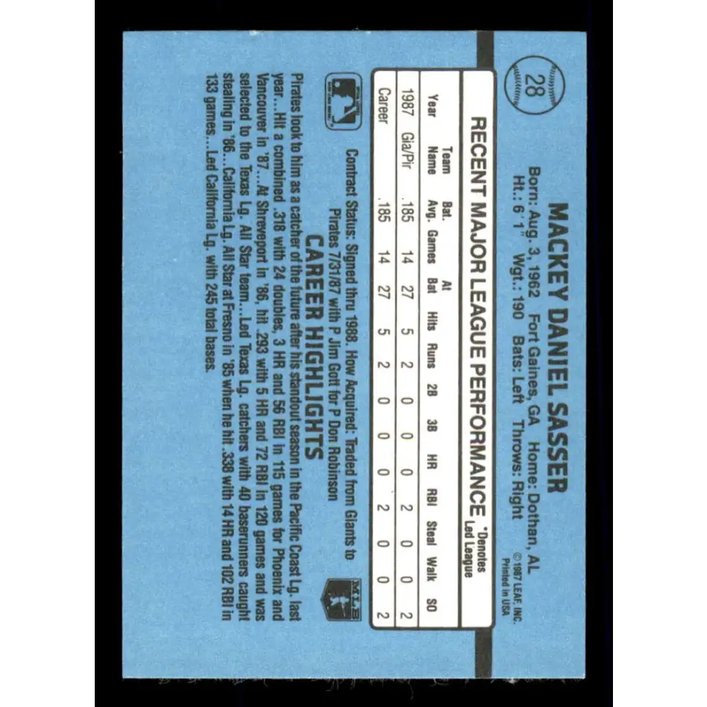 1988 Donruss #28 Mackey Sasser EX RC Rookie Pittsburgh Pirates Baseball Card Image 2