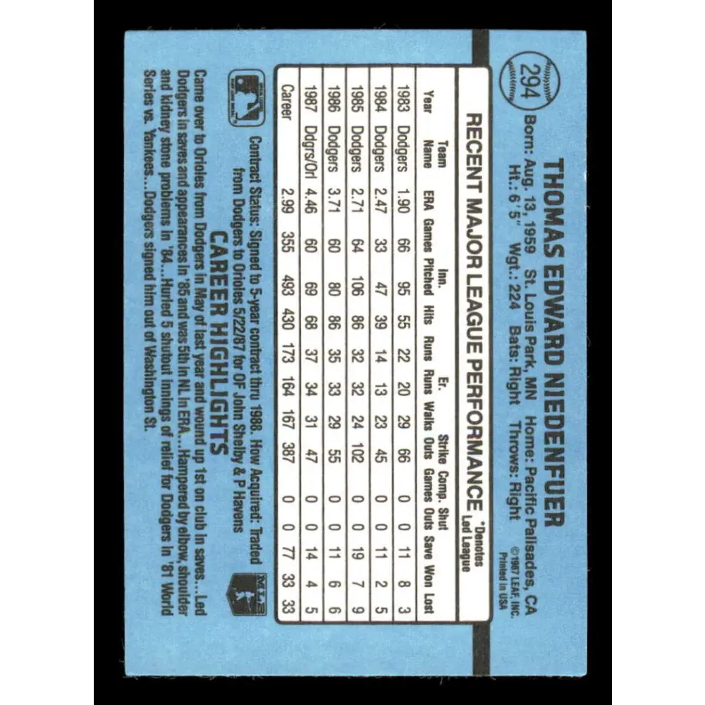 1988 Donruss #294 Tom Niedenfuer EX Baltimore Orioles Baseball Card Image 2