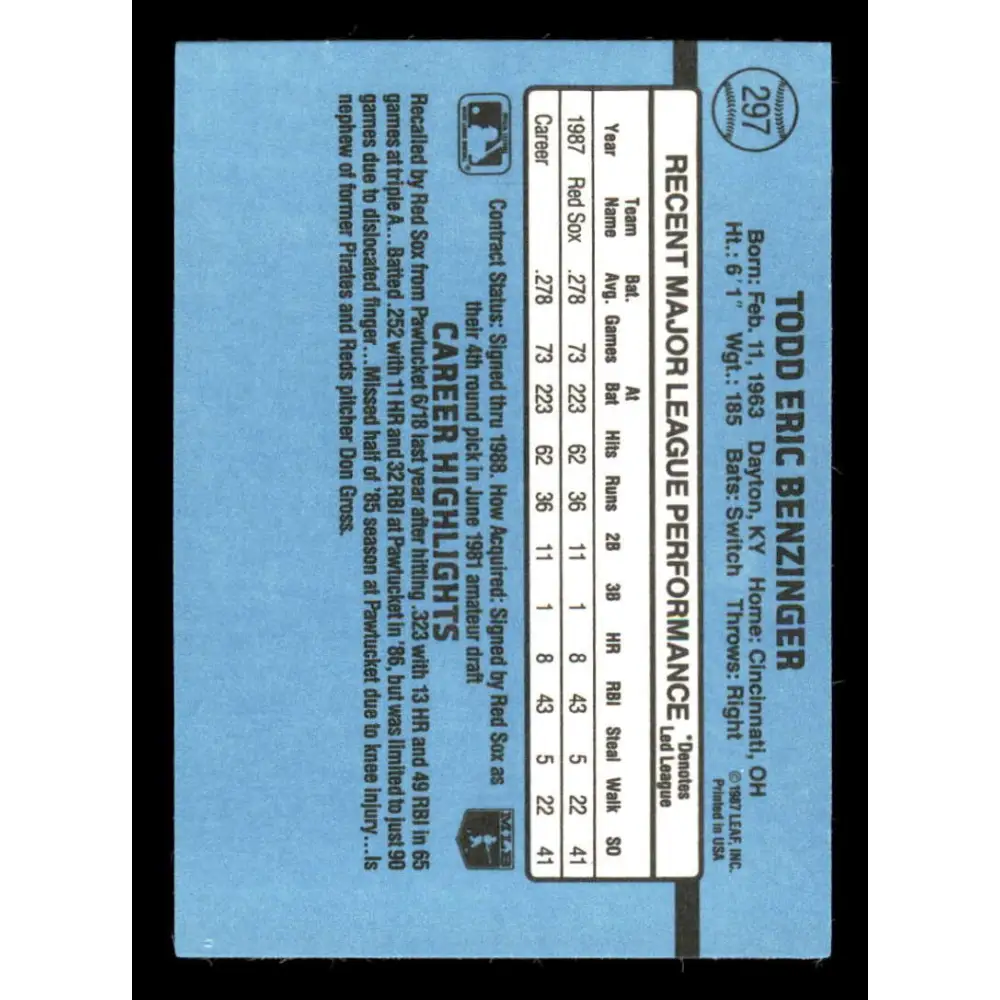 1988 Donruss #297 Todd Benzinger EX RC Rookie Boston Red Sox Baseball Card Image 2