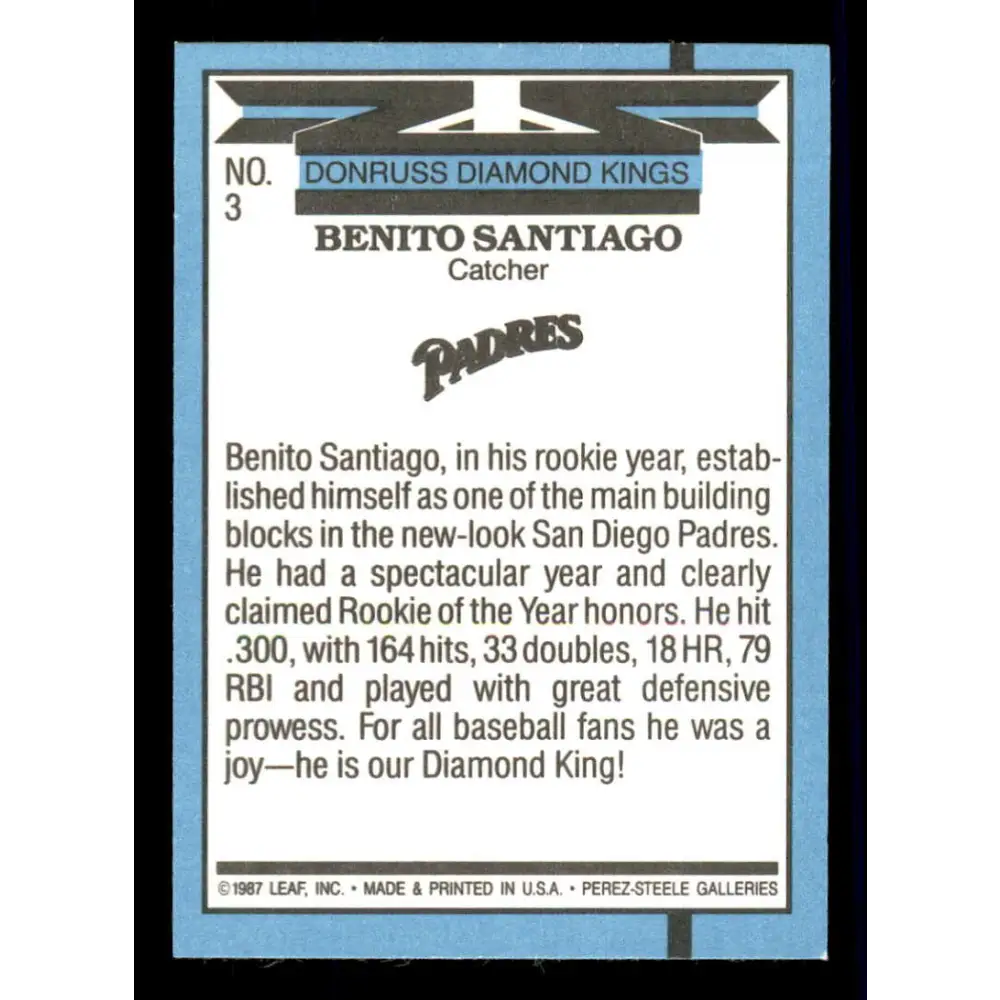 1988 Donruss #3 Benito Santiago DK EX San Diego Padres Baseball Card Image 2