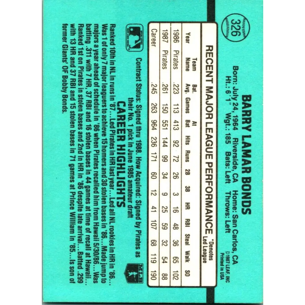 1988 Donruss #326 Barry Bonds EX Pittsburgh Pirates Baseball Card Image 2