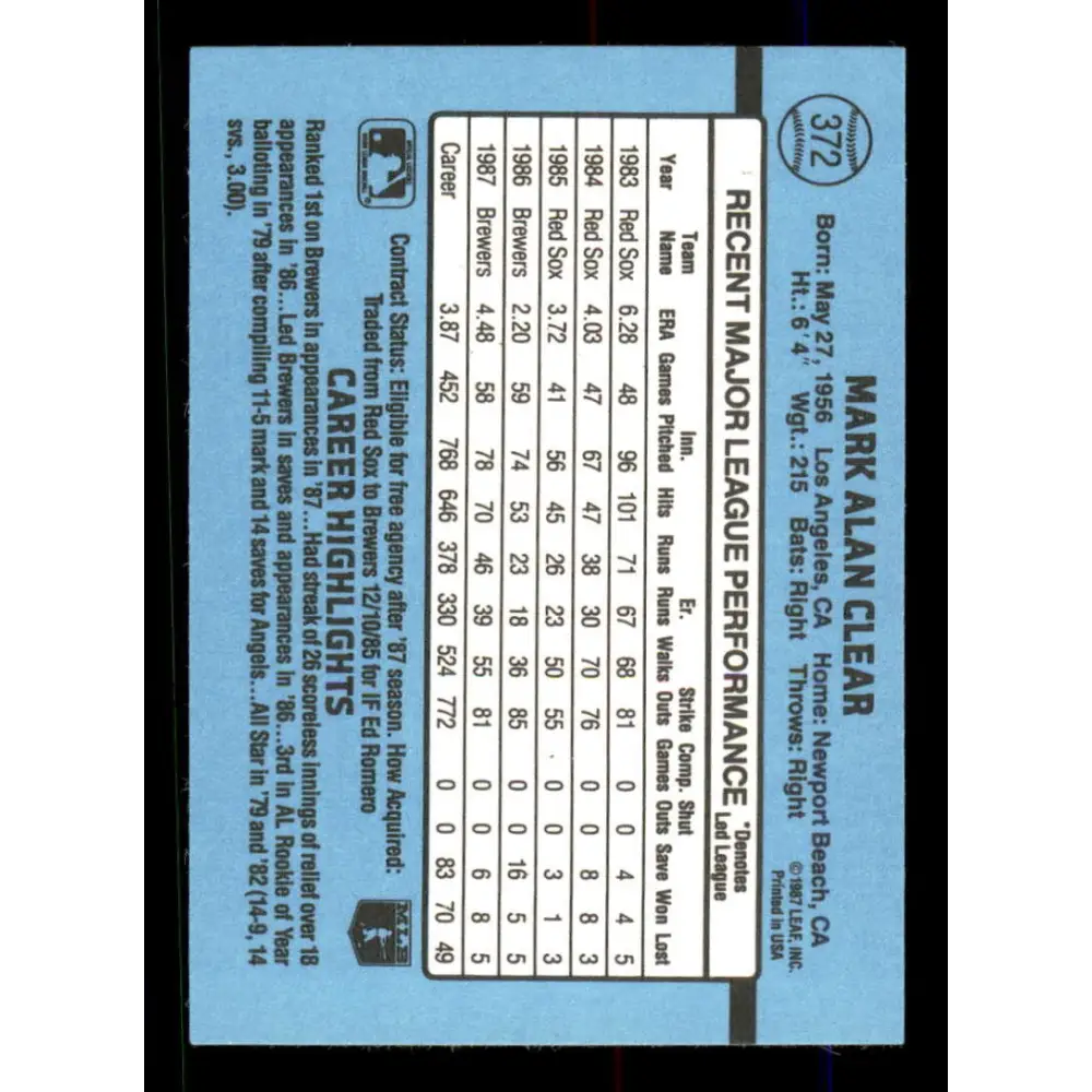 1988 Donruss #372 Mark Clear EX Milwaukee Brewers Baseball Card Image 2