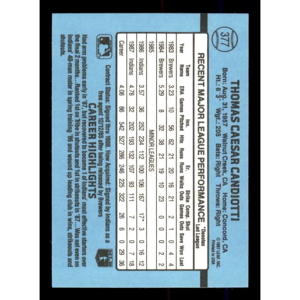 1988 Donruss #377 Tom Candiotti EX Cleveland Indians Baseball Card Image 2