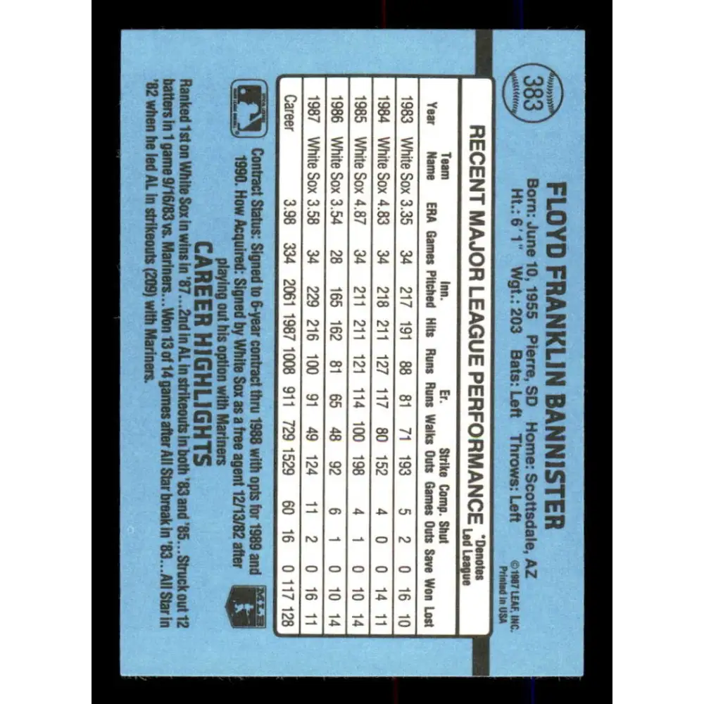 1988 Donruss #383 Floyd Bannister EX Chicago White Sox Baseball Card Image 2