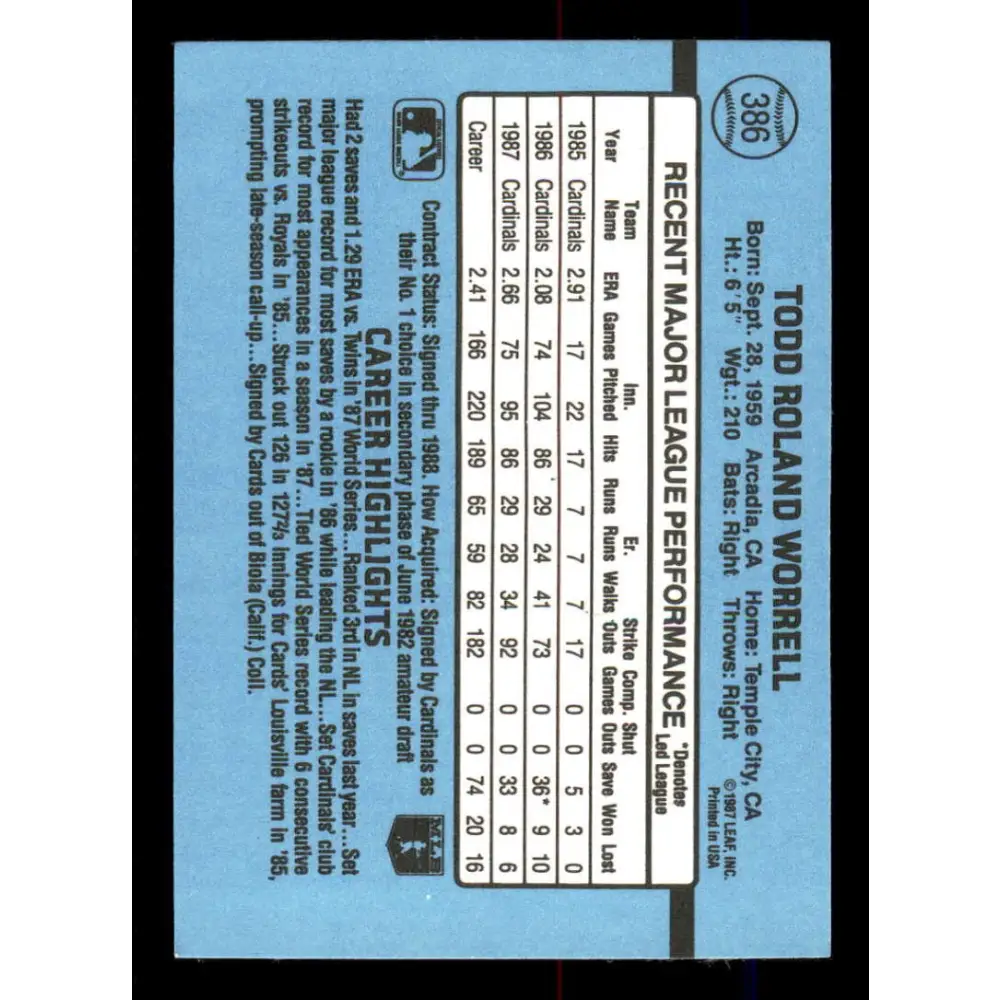 1988 Donruss #386 Todd Worrell EX St. Louis Cardinals Baseball Card Image 2