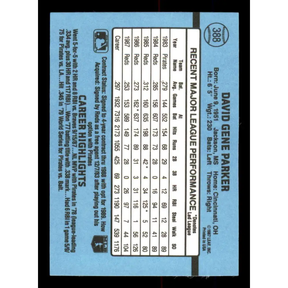 1988 Donruss #388 Dave Parker EX Cincinnati Reds Baseball Card Image 2