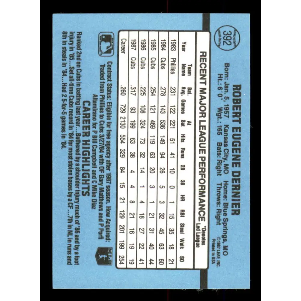 1988 Donruss #392 Bob Dernier EX Chicago Cubs Baseball Card Image 2