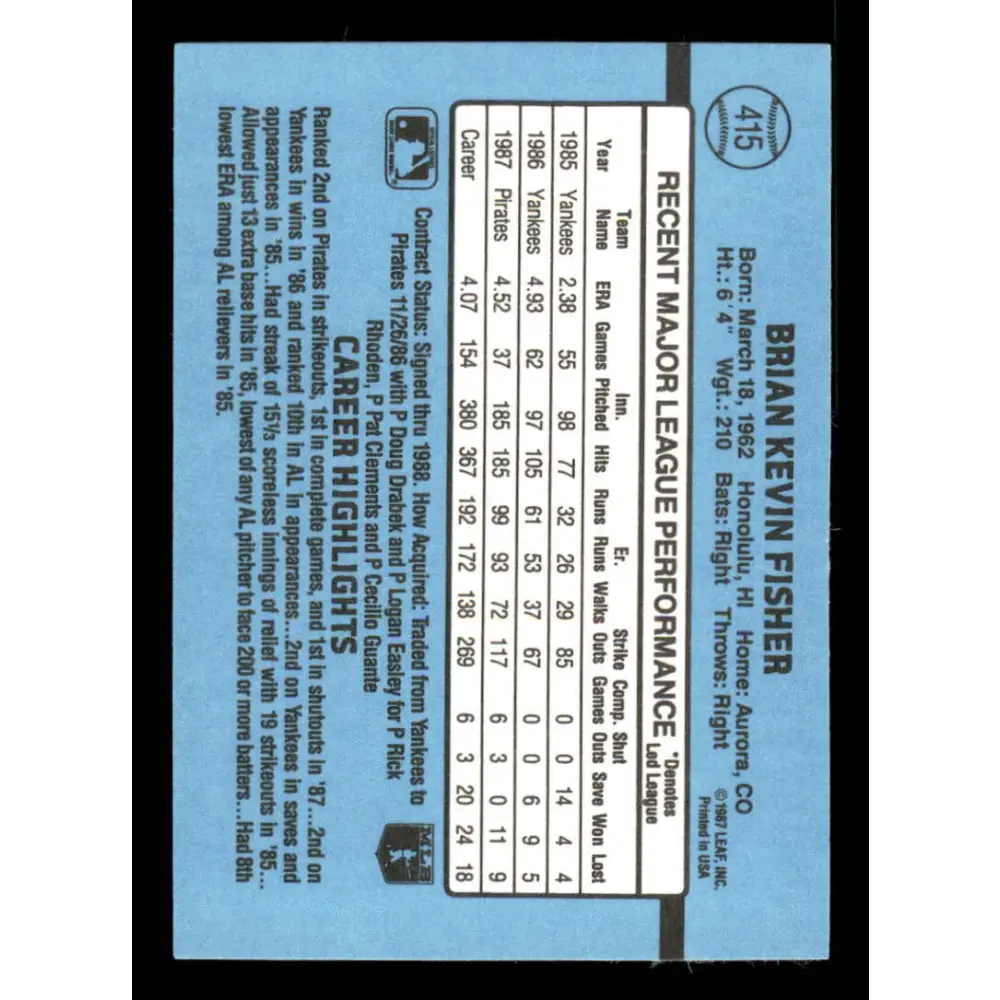 1988 Donruss #415 Brian Fisher EX Pittsburgh Pirates Baseball Card Image 2