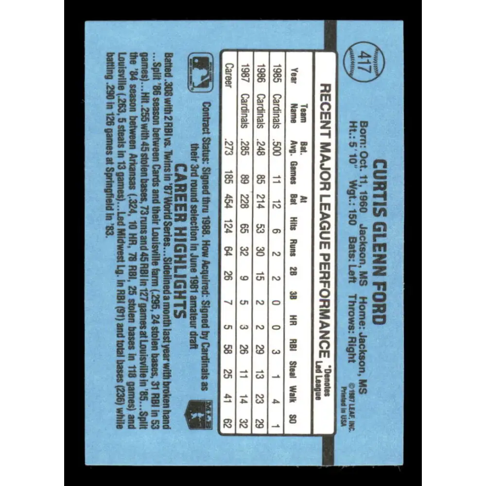 1988 Donruss #417 Curt Ford EX St. Louis Cardinals Baseball Card Image 2