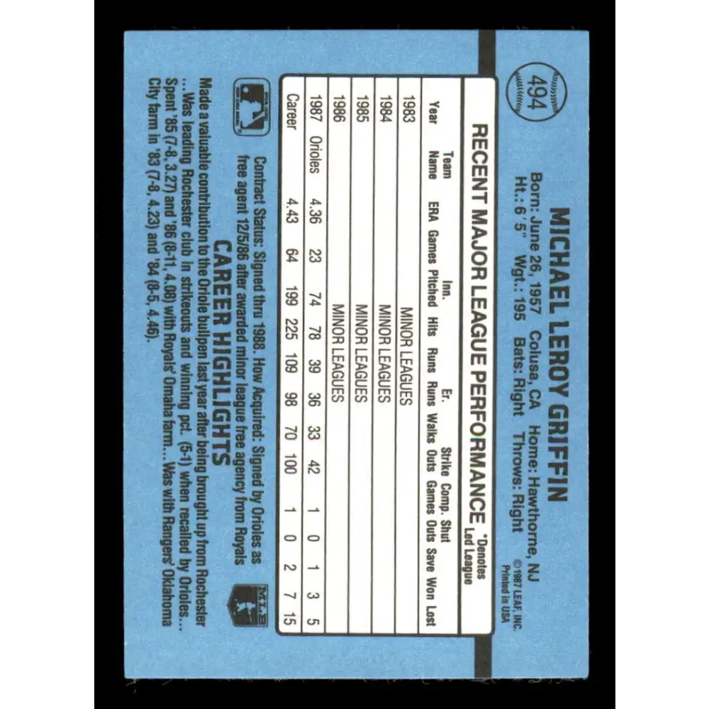 1988 Donruss #494 Mike Griffin EX Baltimore Orioles Baseball Card Image 2