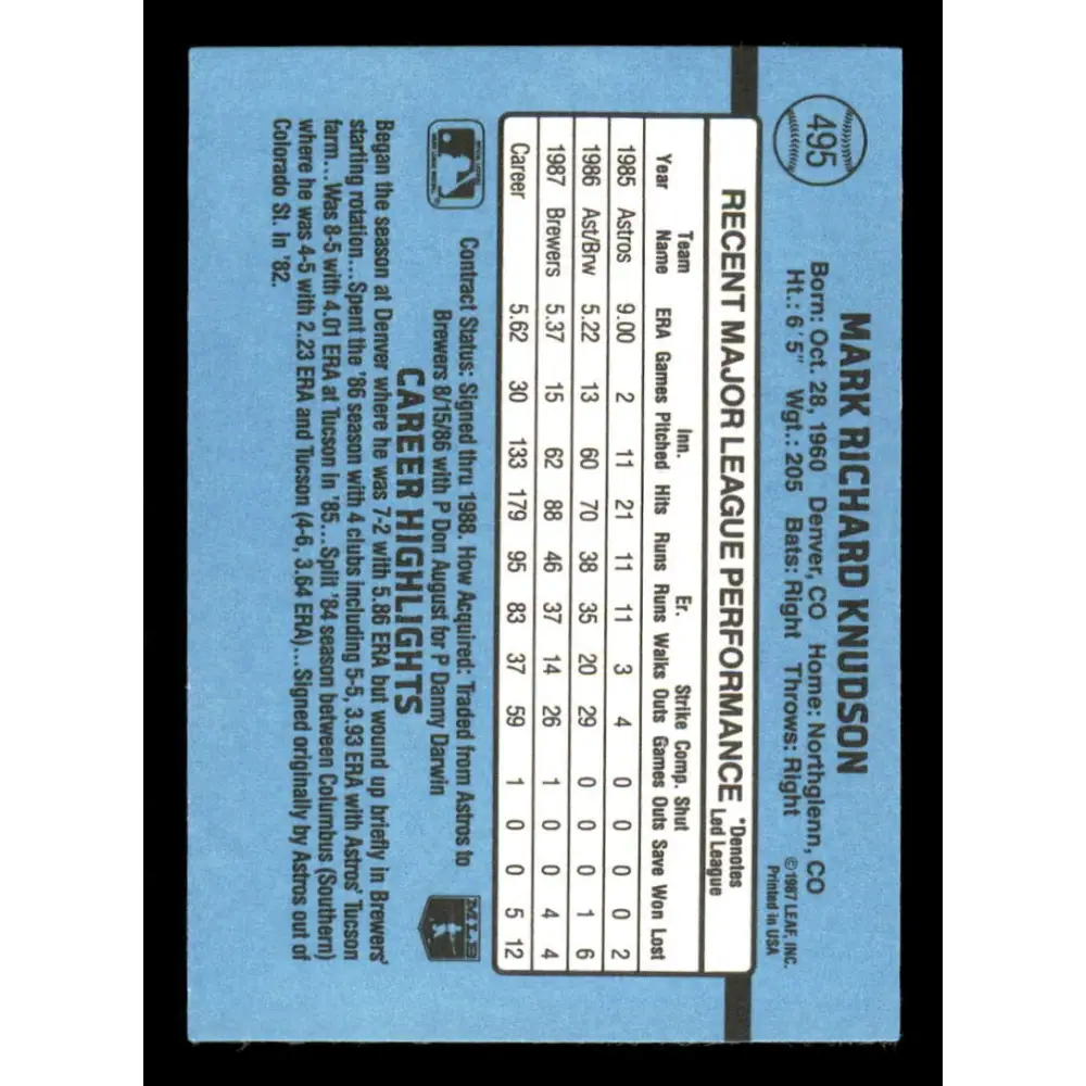 1988 Donruss #495 Mark Knudson EX RC Rookie Milwaukee Brewers Baseball Card Image 2