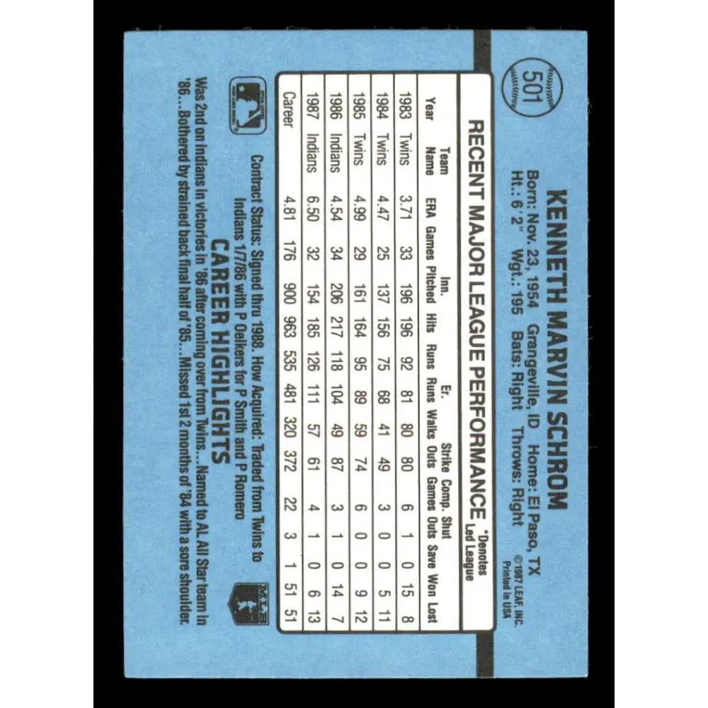 1988 Donruss #501 Ken Schrom EX Cleveland Indians Baseball Card Image 2