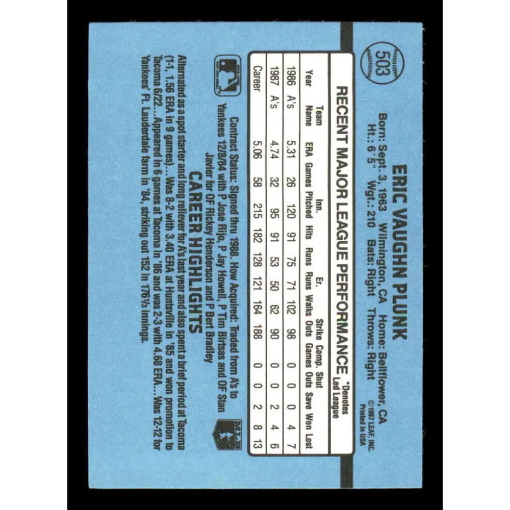 1988 Donruss #503 Eric Plunk EX Oakland Athletics Baseball Card Image 2