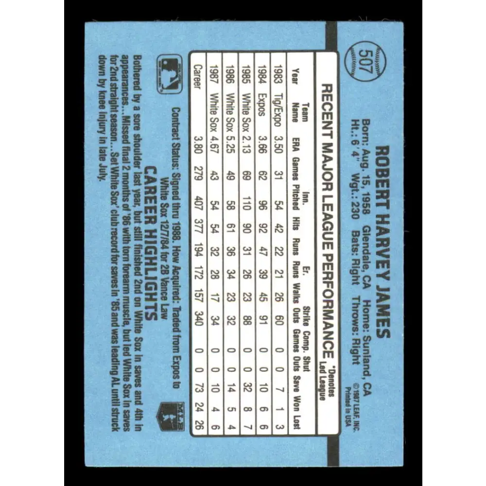 1988 Donruss #507 Bob James EX Chicago White Sox Baseball Card Image 2