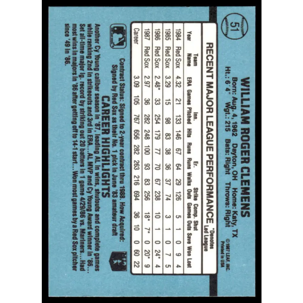 1988 Donruss #51 Roger Clemens EX/NM Boston Red Sox Baseball Card Image 2