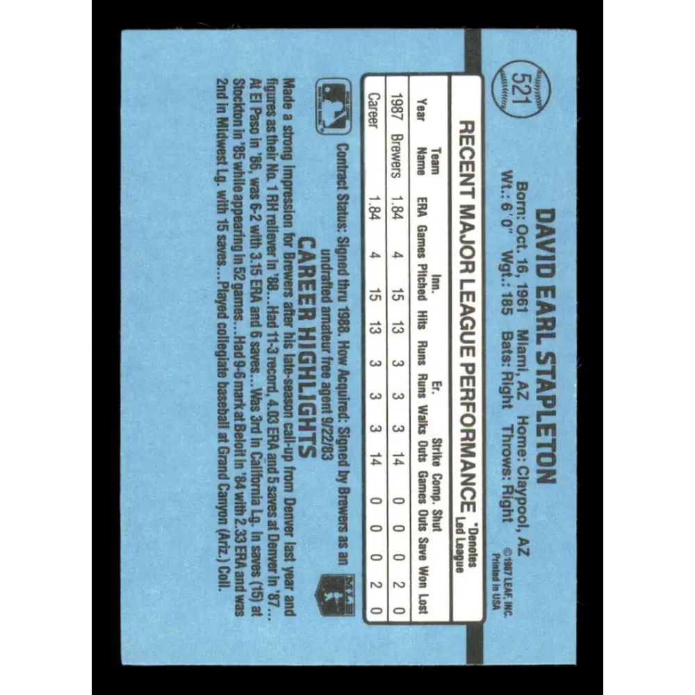 1988 Donruss #521 Dave Stapleton EX Milwaukee Brewers Baseball Card Image 2