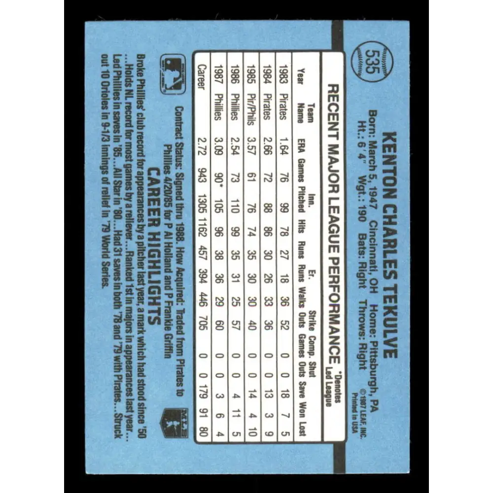 1988 Donruss #535 Kent Tekulve EX Philadelphia Phillies Baseball Card Image 2