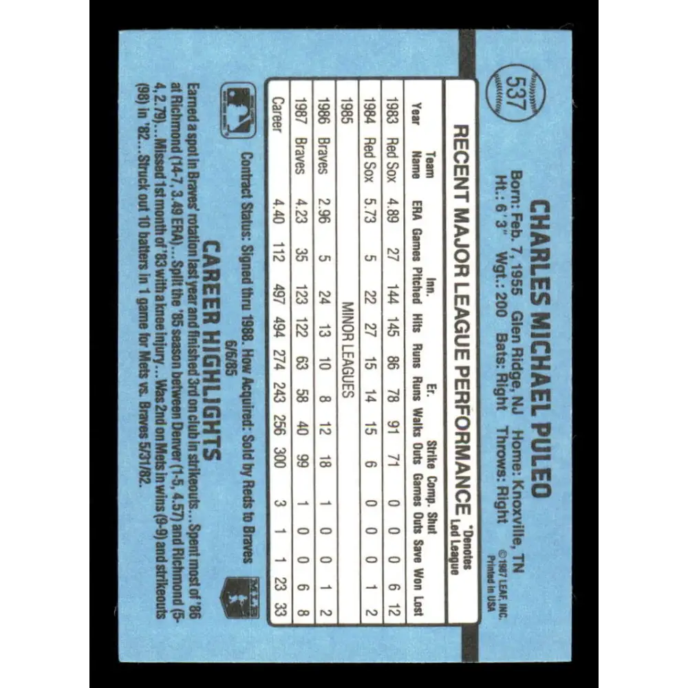1988 Donruss #537 Charlie Puleo EX Atlanta Braves Baseball Card Image 2