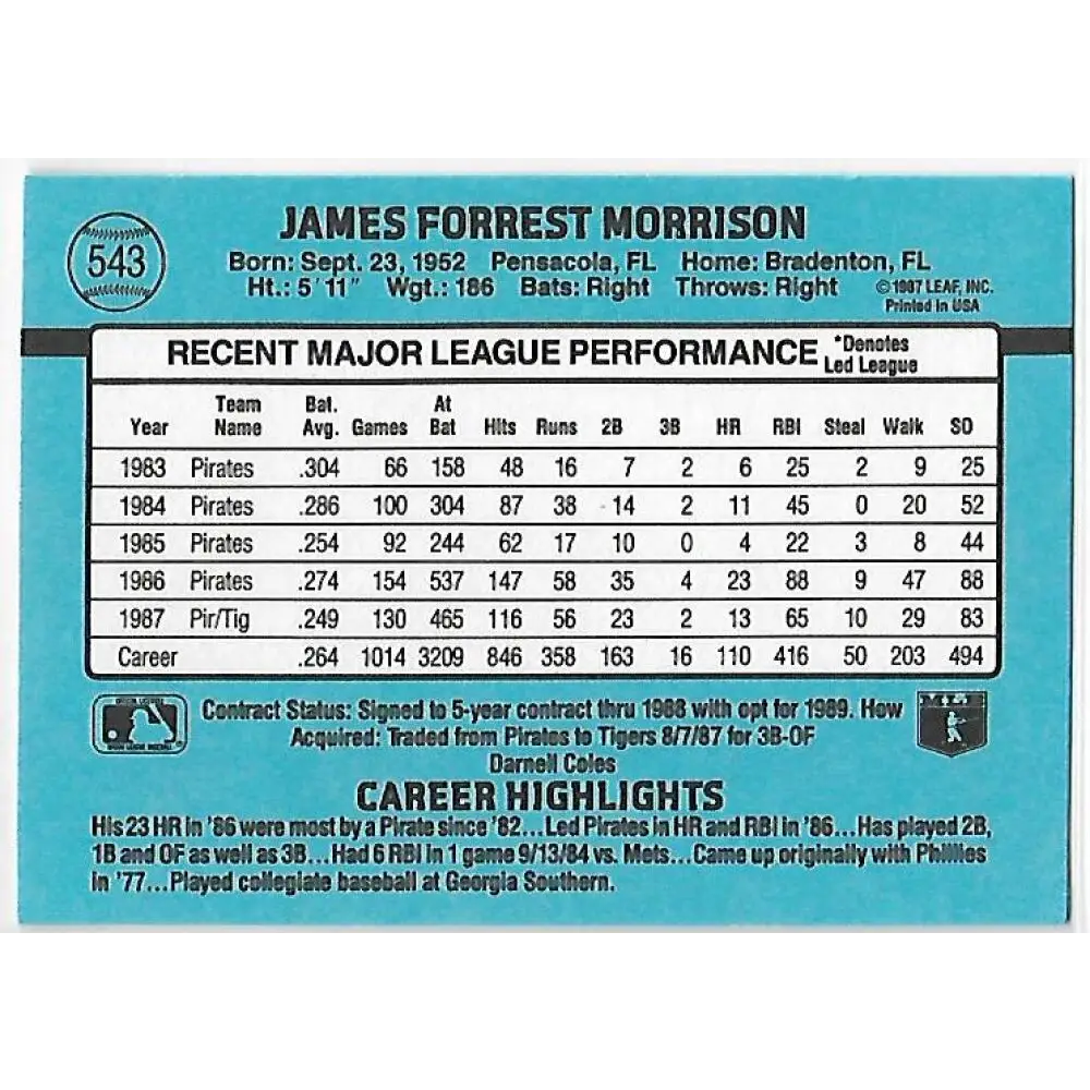 1988 Donruss #543b Jim Morrison COR EX Detroit Tigers Baseball Card Image 2