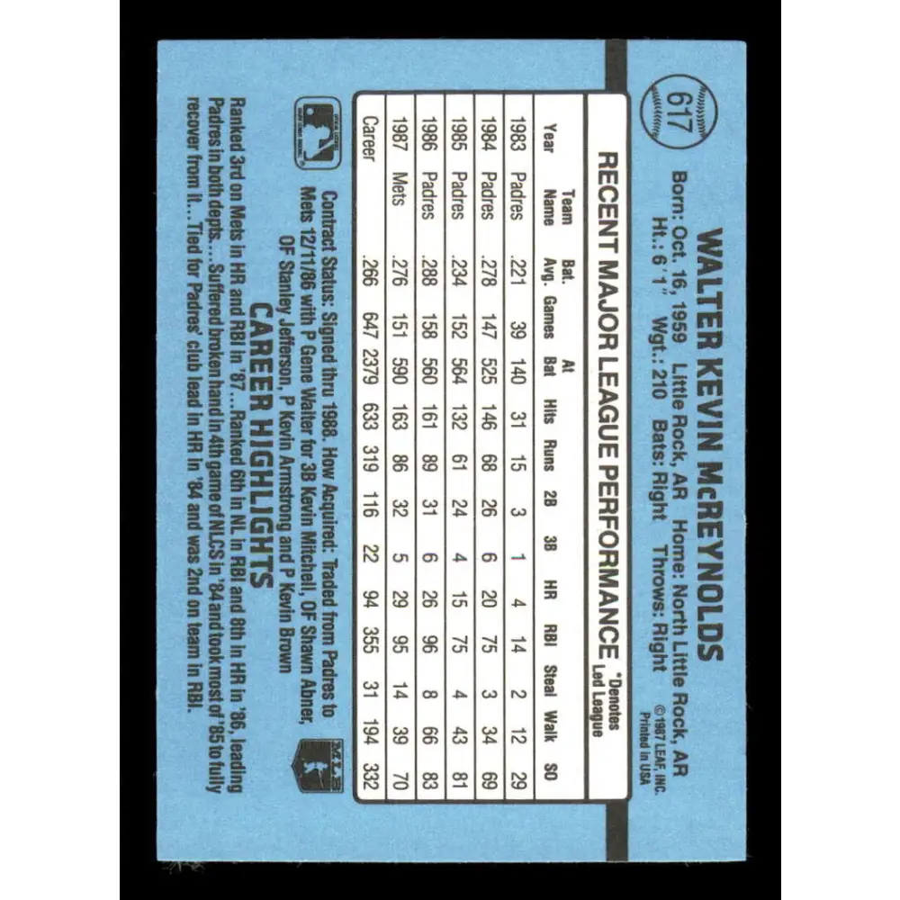 1988 Donruss #617 Kevin McReynolds EX SP New York Mets Baseball Card Image 2