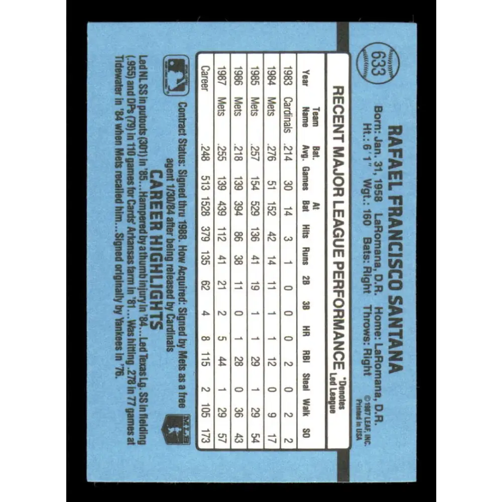 1988 Donruss #633 Rafael Santana EX New York Mets Baseball Card Image 2