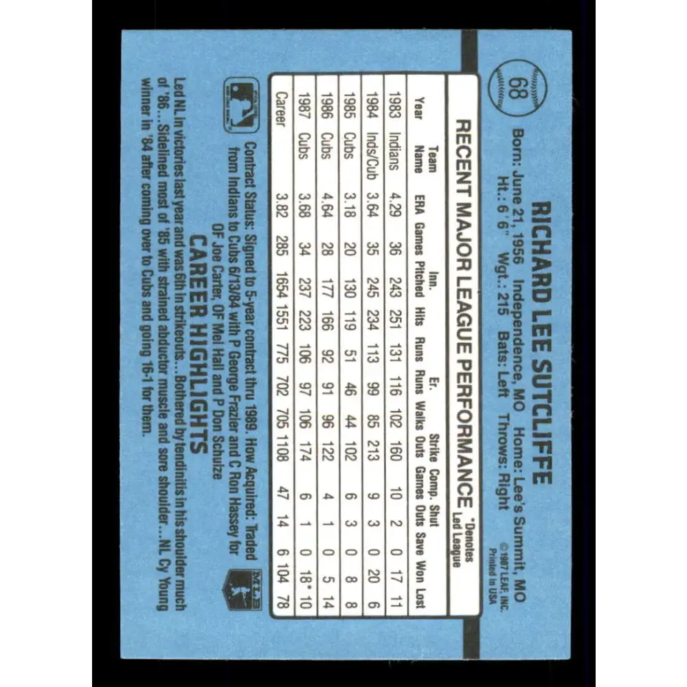 1988 Donruss #68 Rick Sutcliffe EX Chicago Cubs Baseball Card Image 2