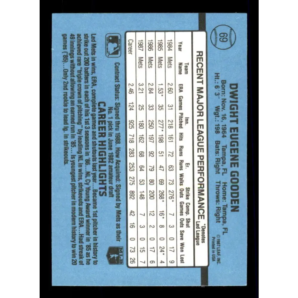 1988 Donruss #69 Dwight Gooden EX New York Mets Baseball Card Image 2