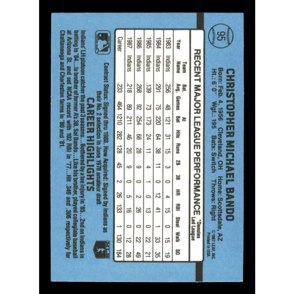 1988 Donruss #95 Chris Bando EX Cleveland Indians Baseball Card Image 2