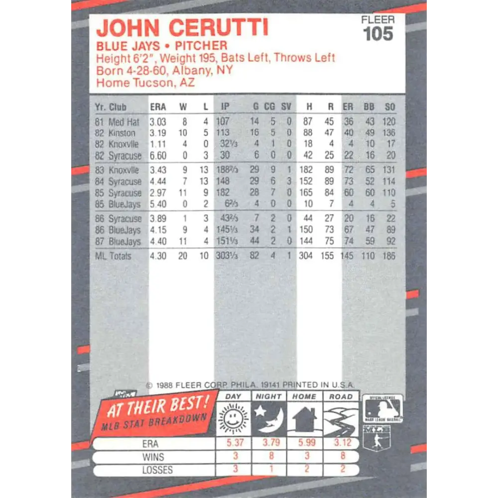 1988 Fleer #105 John Cerutti EX Excellent Toronto Blue Jays Baseball Card Image 2