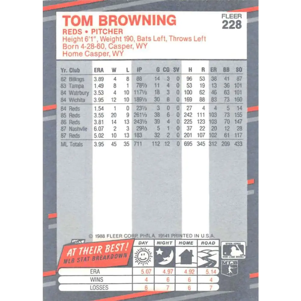 1988 Fleer #228 Tom Browning EX Excellent Cincinnati Reds Baseball Card Image 2