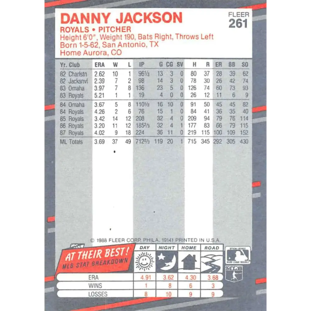 1988 Fleer #261 Danny Jackson EX Excellent Kansas City Royals Baseball Card Image 2