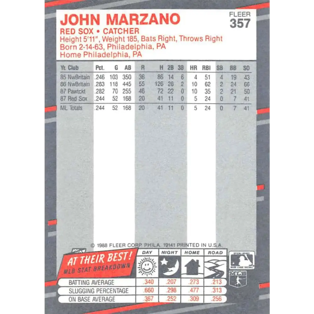 1988 Fleer #357 John Marzano EX Excellent Boston Red Sox Baseball Card Image 2