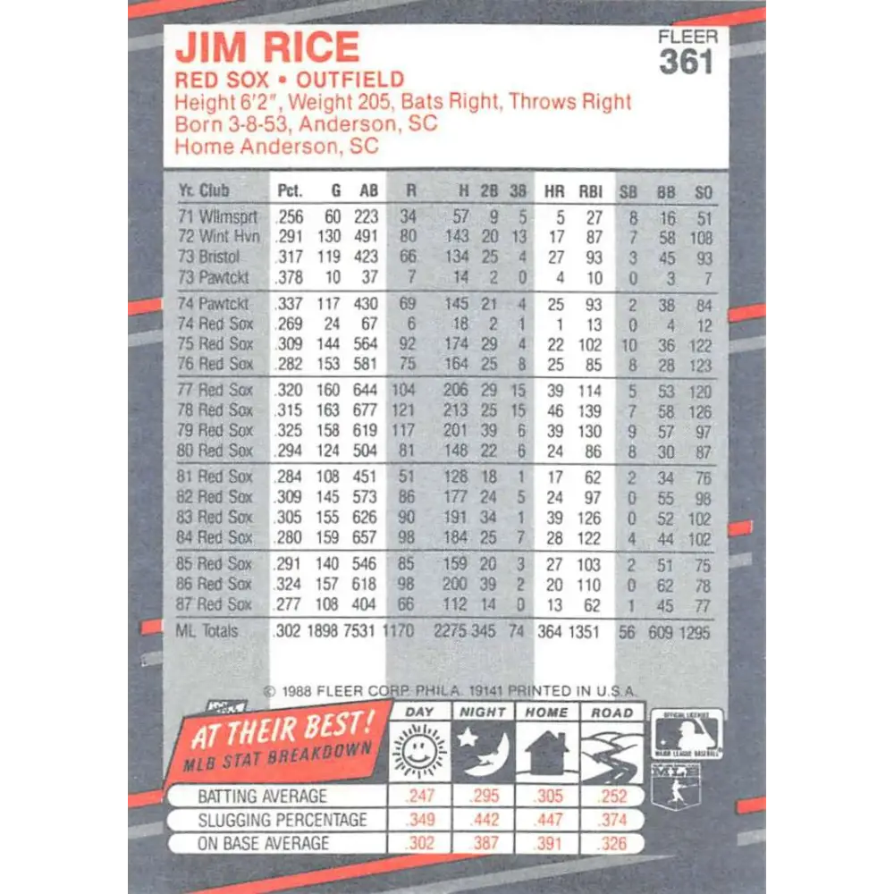 1988 Fleer #361 Jim Rice EX Excellent Boston Red Sox Baseball Card Image 2