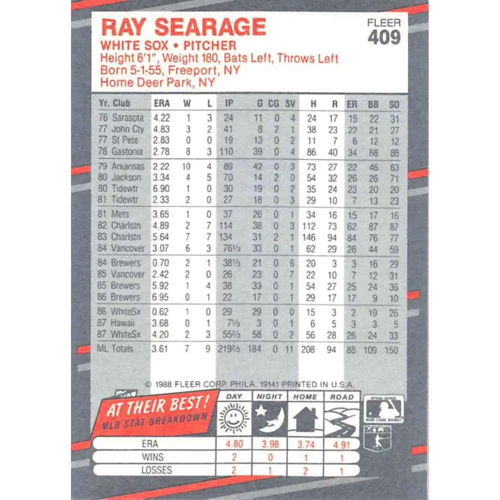 1988 Fleer #409 Ray Searage EX Excellent Chicago White Sox Baseball Card Image 2