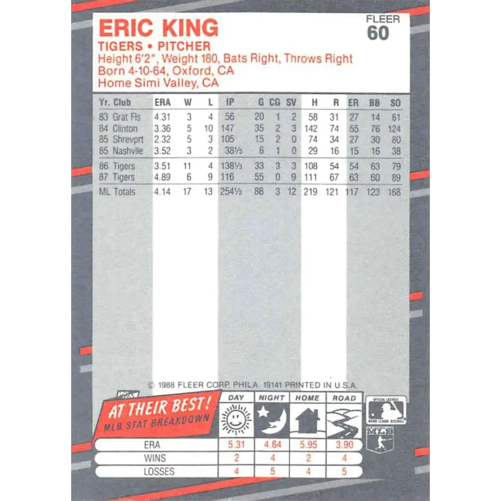 1988 Fleer #60 Eric King EX Excellent Detroit Tigers Baseball Card Image 2