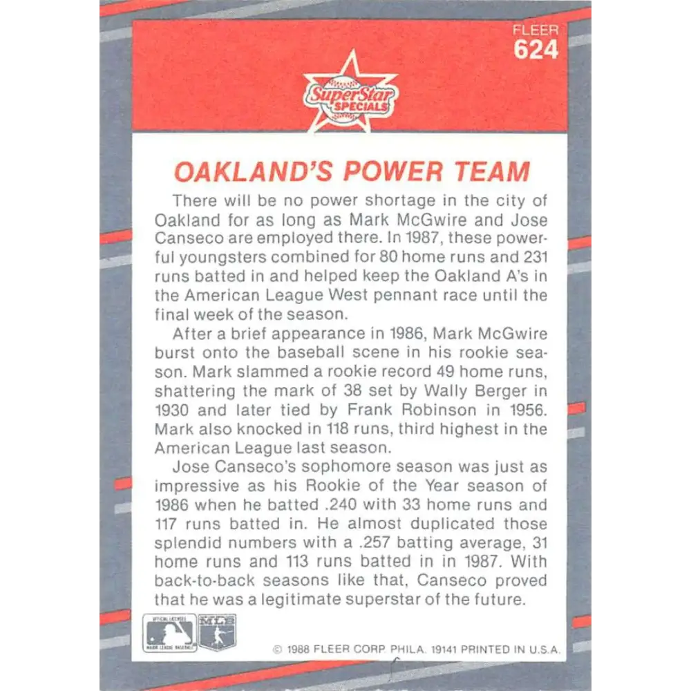 1988 Fleer #624 Mark McGwire/Jose Canseco EX Excellent Oakland Athletics Baseball Card Image 2