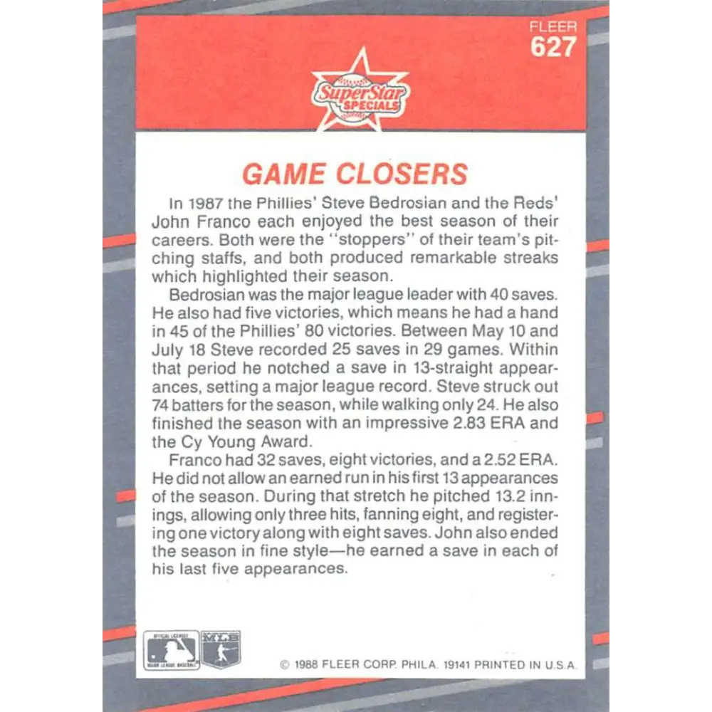 1988 Fleer #627 John Franco/Steve Bedrosian EX Excellent Cincinnati Reds/Philadelphia Phillies Baseball Card Image 2