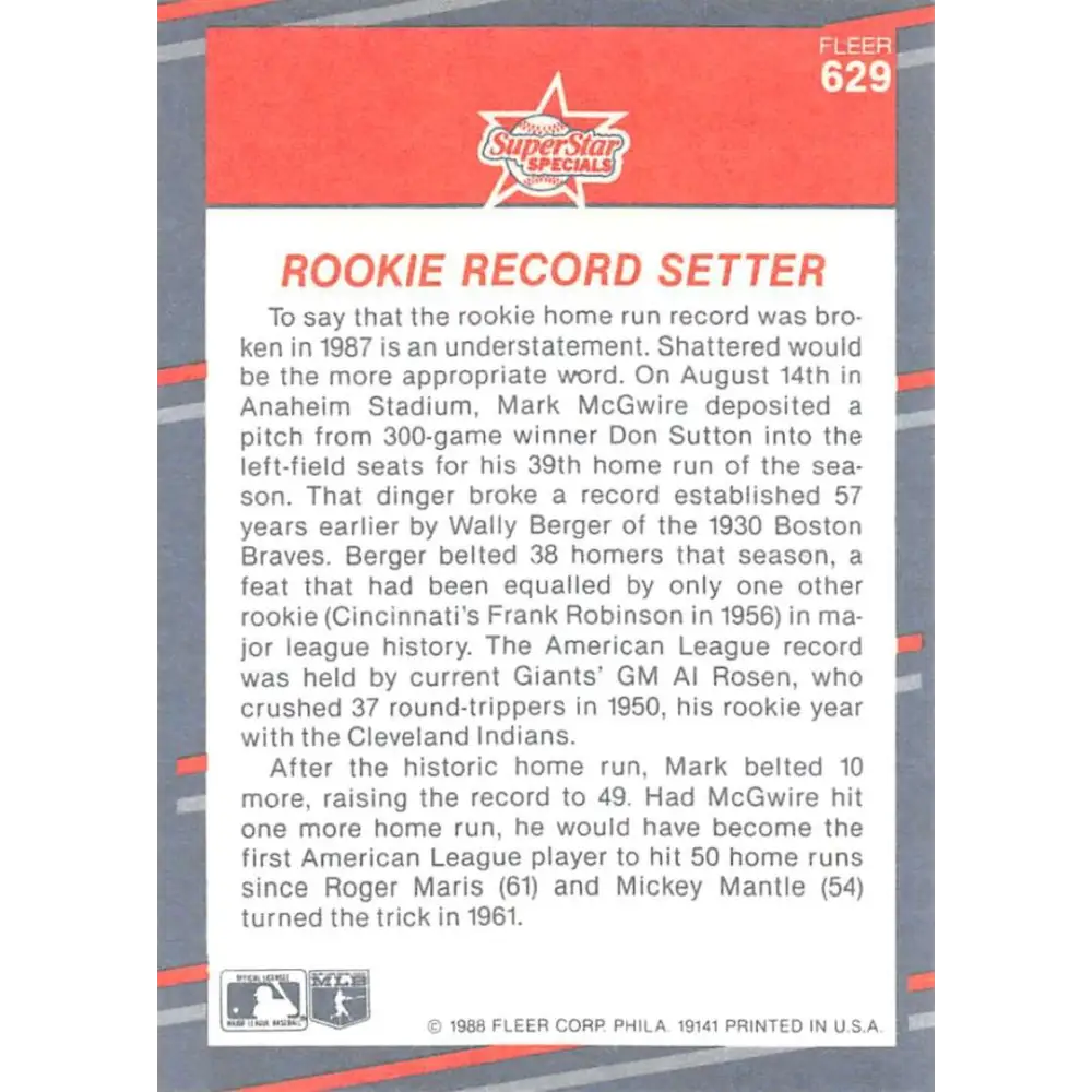 1988 Fleer #629 Mark McGwire EX Excellent Oakland Athletics Baseball Card Image 2