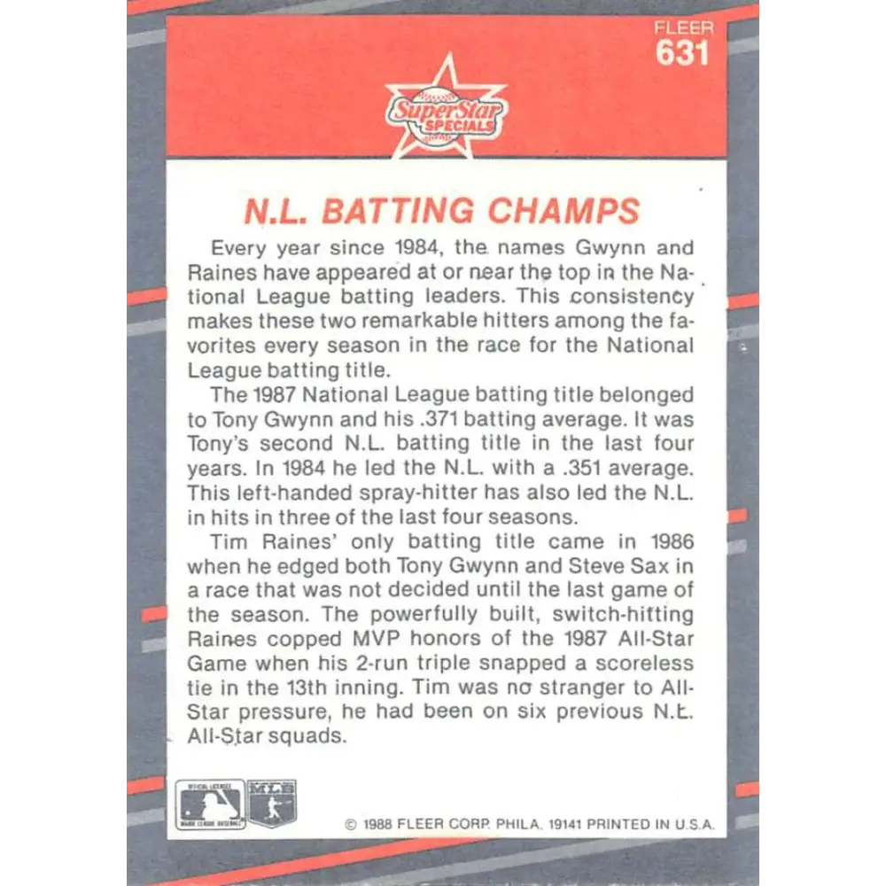 1988 Fleer #631 Tony Gwynn/Tim Raines EX Excellent San Diego Padres/Montreal Expos Baseball Card Image 2