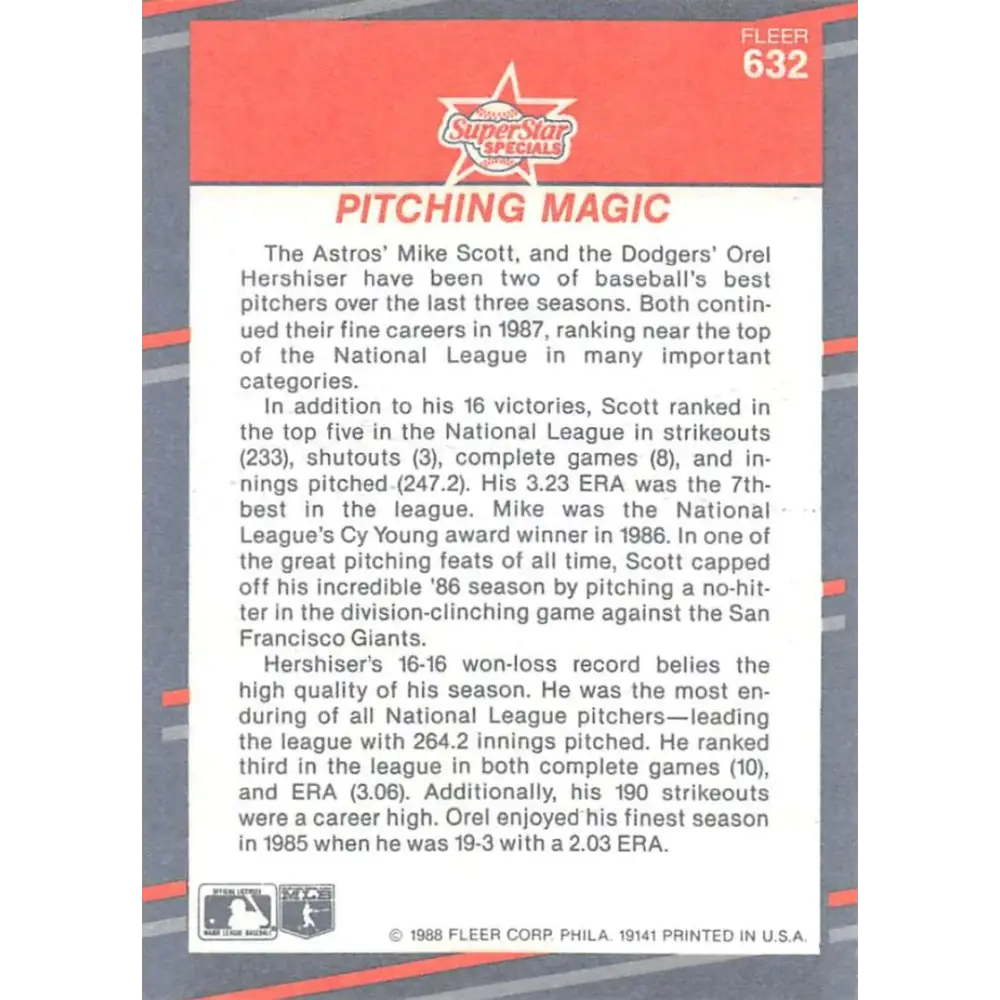 1988 Fleer #632 Mike Scott/Orel Hershiser EX Excellent Houston Astros/Los Angeles Dodgers Baseball Card Image 2