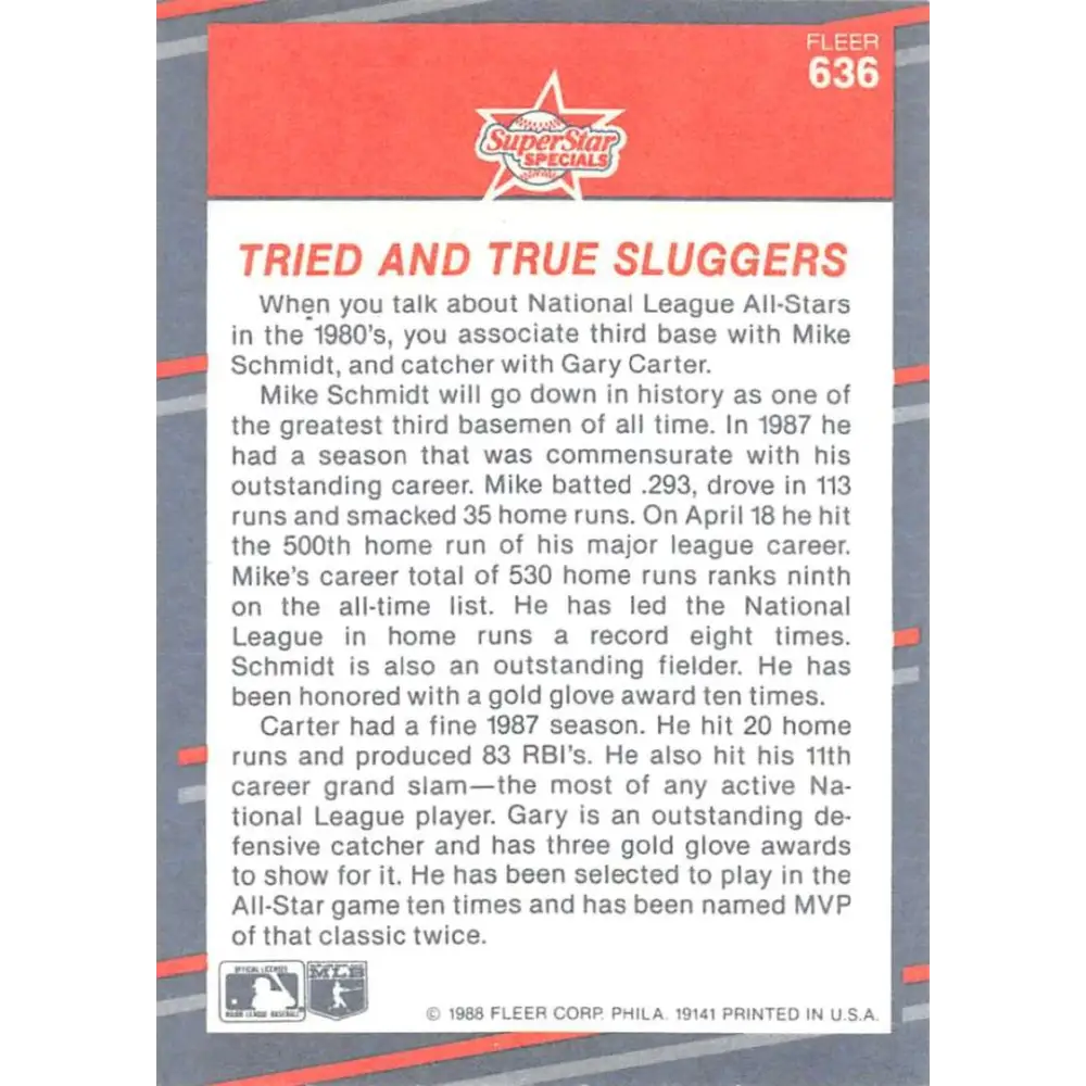 1988 Fleer #636 Mike Schmidt/Gary Carter EX Excellent Philadelphia Phillies/New York Mets Baseball Card Image 2