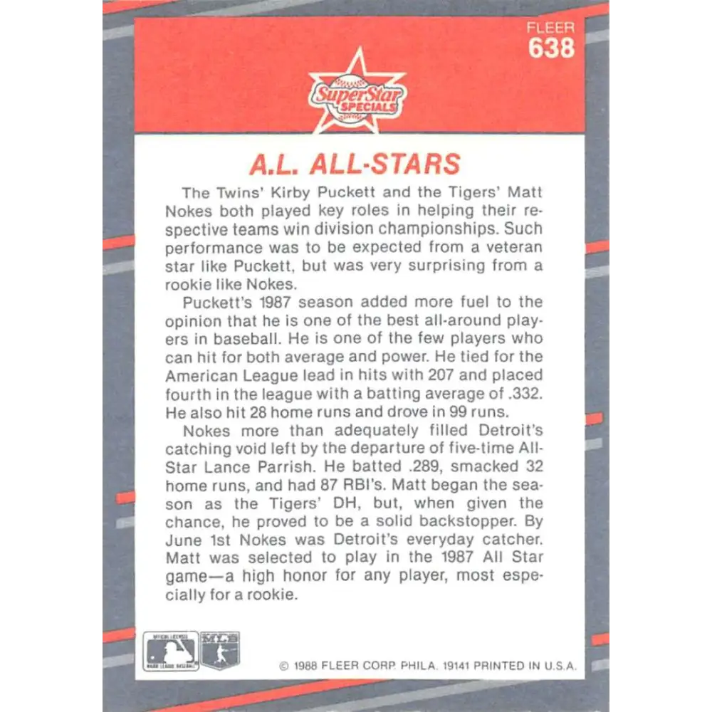 1988 Fleer #638 Matt Nokes/Kirby Puckett EX Excellent Detroit Tigers/Minnesota Twins Baseball Card Image 2