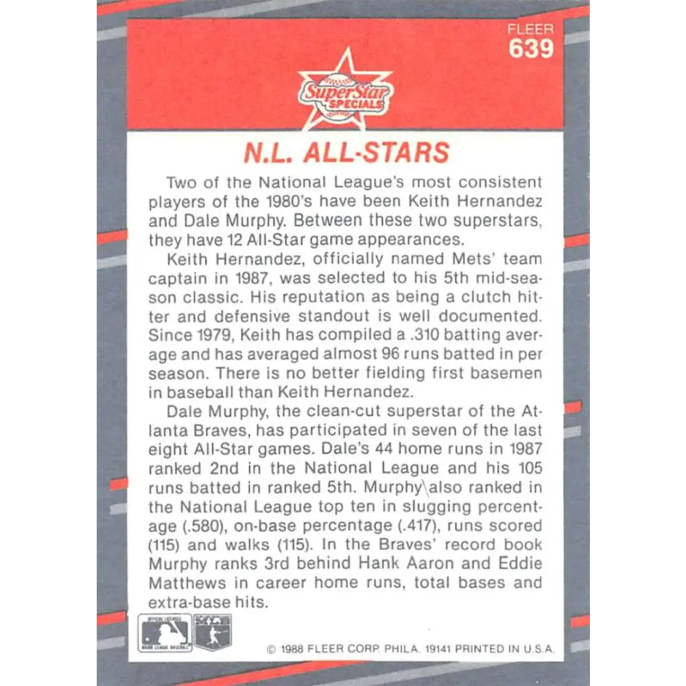 1988 Fleer #639 Keith Hernandez/Dale Murphy EX Excellent New York Mets/Atlanta Braves Baseball Card Image 2