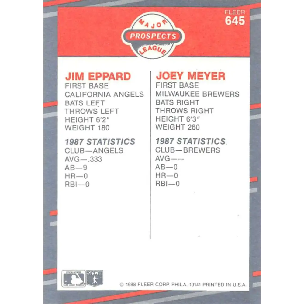 1988 Fleer #645 Jim Eppard/Joey Meyer EX Excellent RC Rookie California Angels/Milwaukee Brewers Baseball Card Image 2