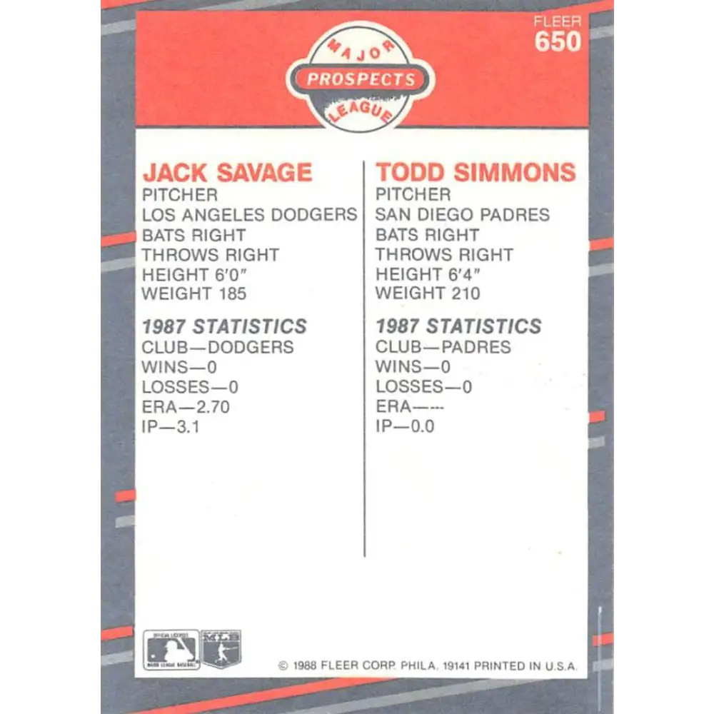 1988 Fleer #650 Jack Savage/Todd Simmons EX Excellent RC Rookie Los Angeles Dodgers/San Diego Padres Baseball Card Image 2